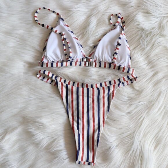 NEW White Red Blue Gold Stripe Print Bikini Swim Set Size XL - Picture 6 of 9